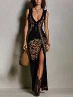 Abito Stampato in Stile Bohemien con Profondo Scollo a V e Alto Spacco
