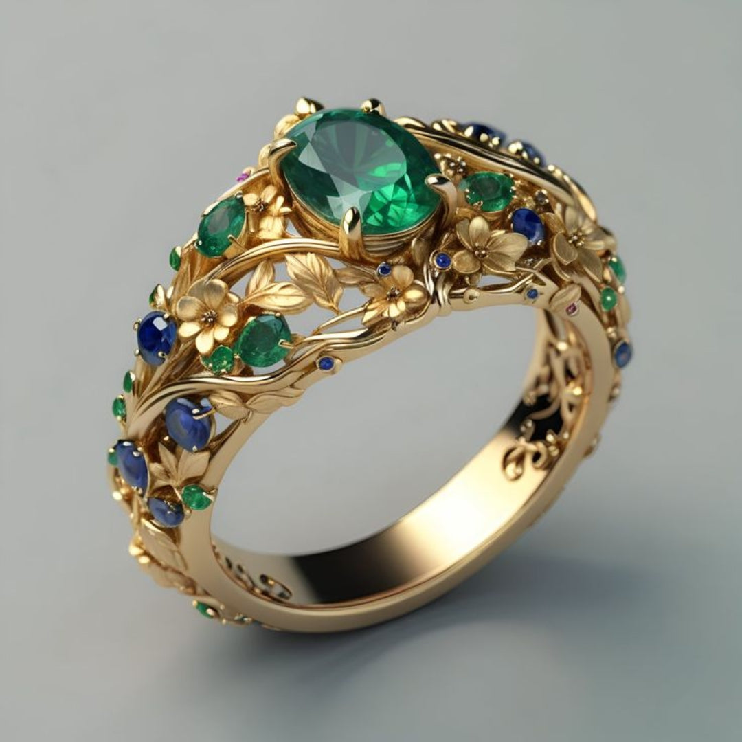 Anillo de Lujo con Piedras en Tono Esmeralda y Zafiro