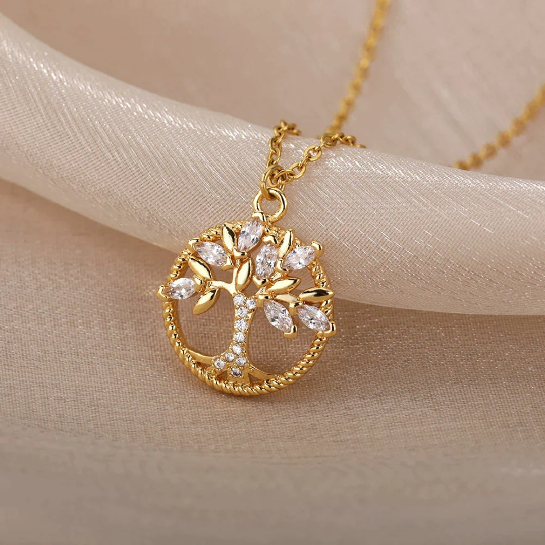 Collar con Colgante Árbol de la Vida en Oro con Cristales
