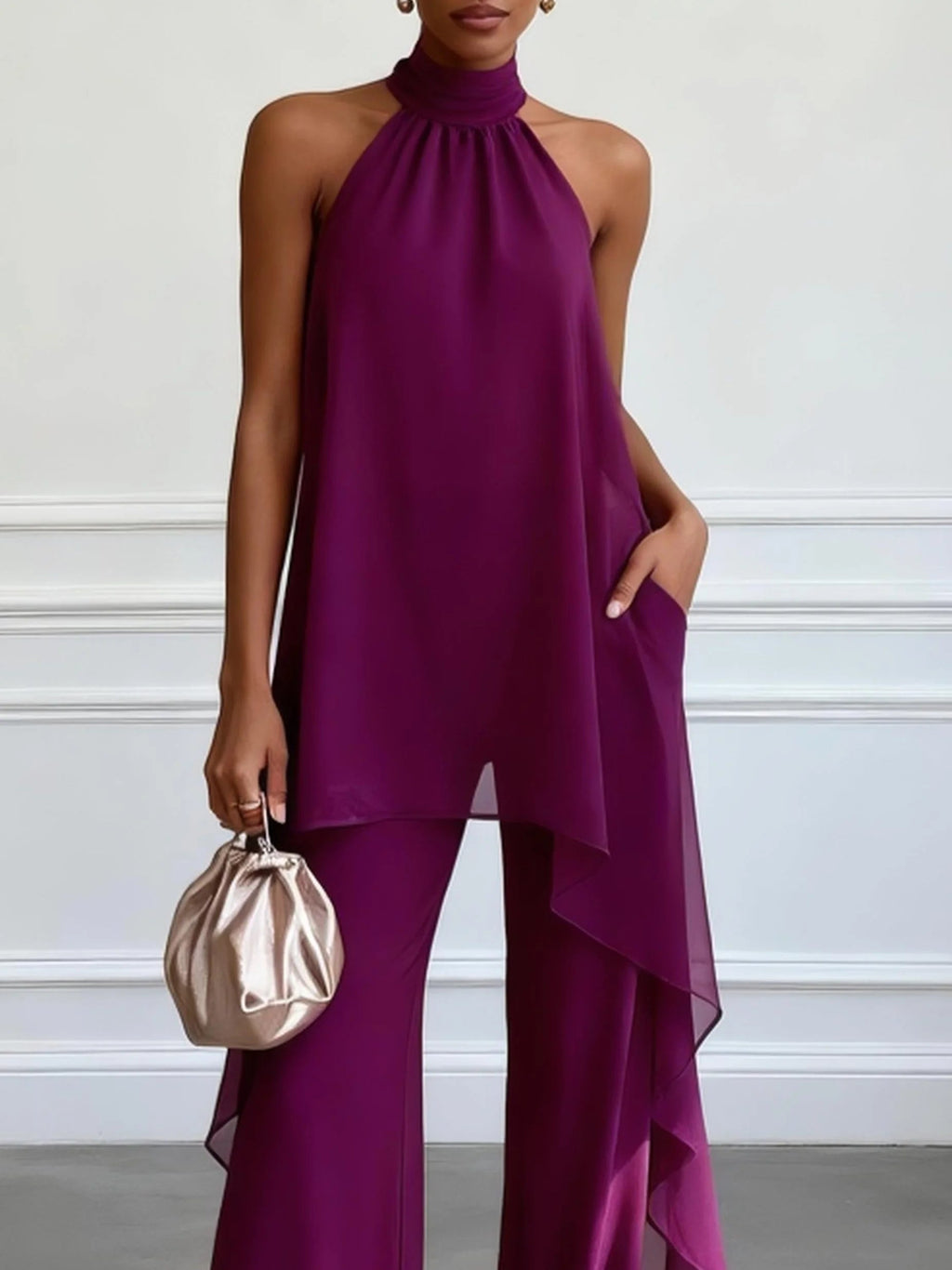 Conjunto Morado Elegante de Top sin Mangas y Pantalón