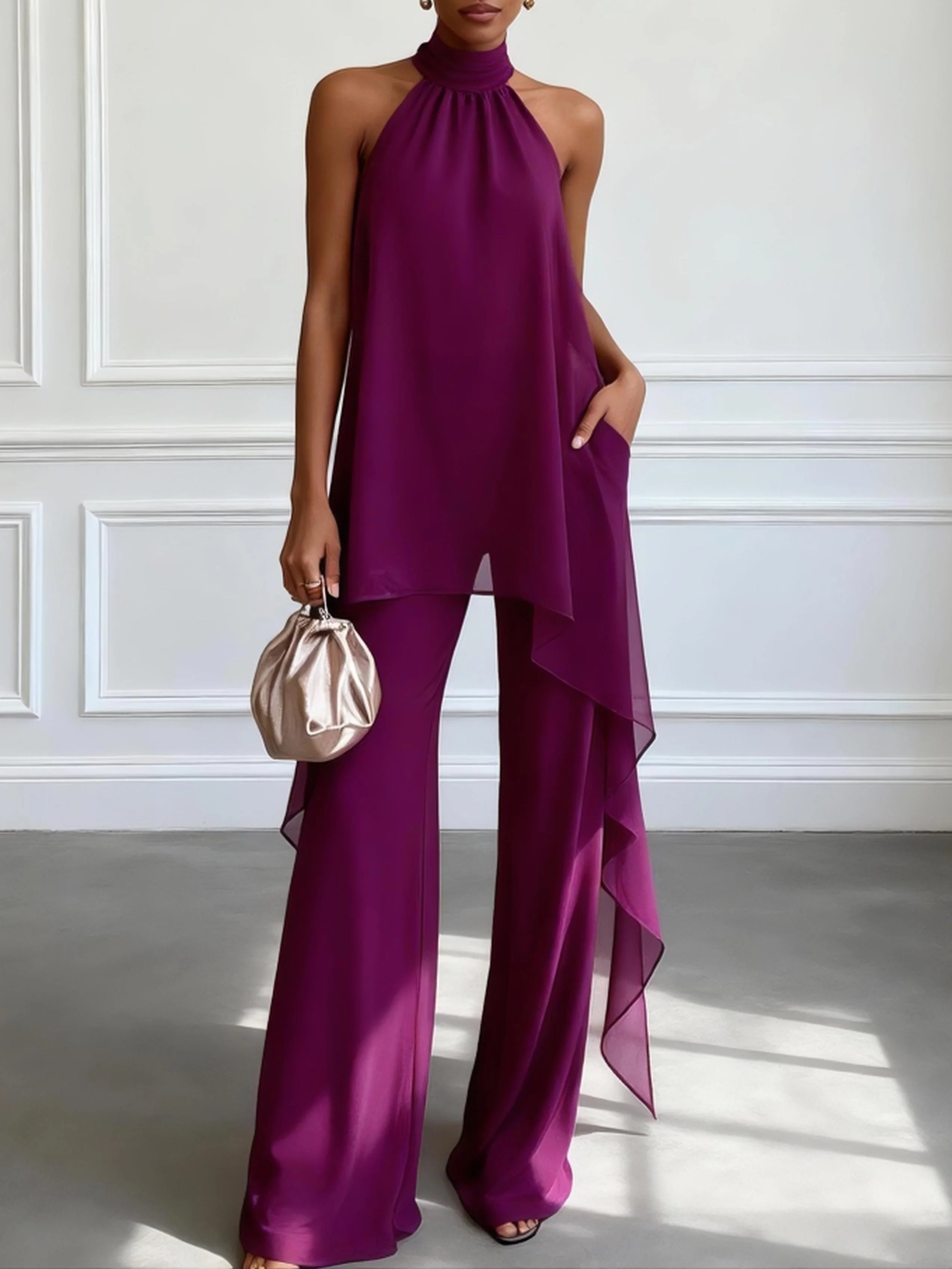 Conjunto Morado Elegante de Top sin Mangas y Pantalón