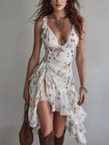 Perrine | Vestido mini blanco floral retro con escote en V