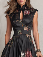 Abito Midi in Satin Pieghettato con Collo a Chiave Nera