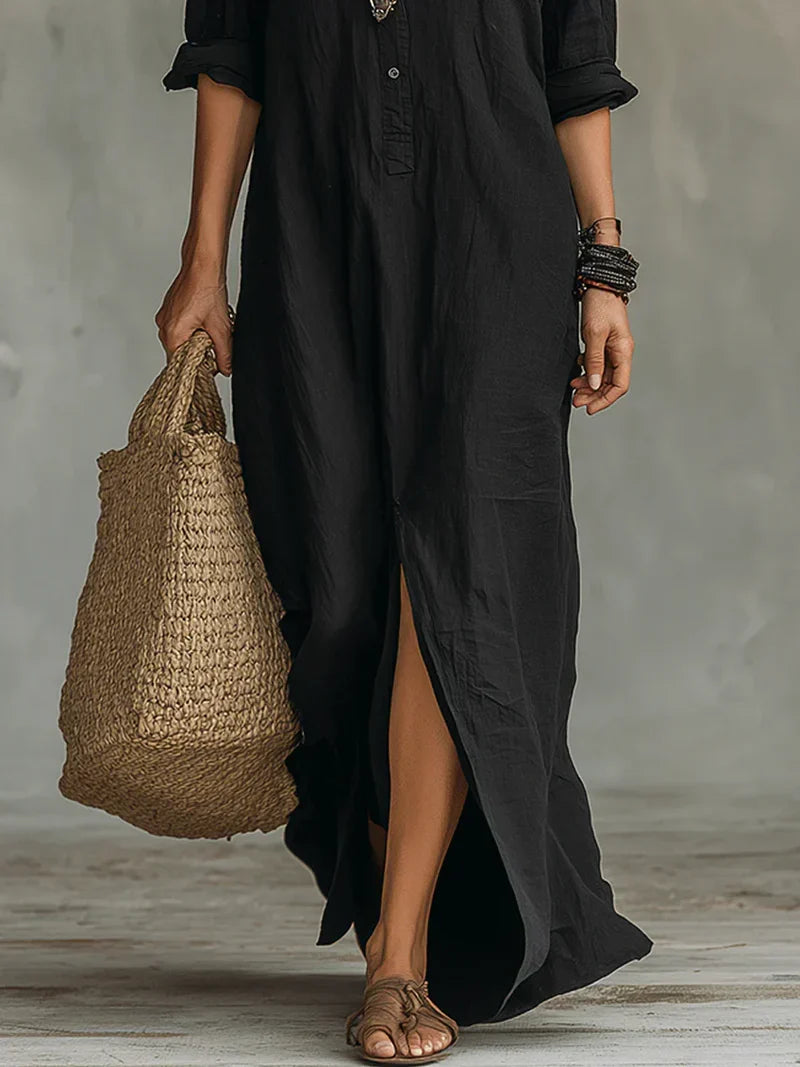 Céline™ | Vestido maxi negro amplio con botones