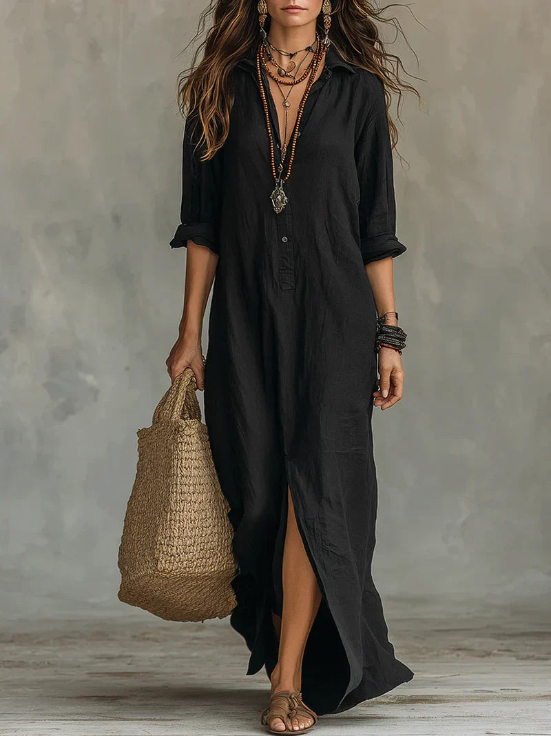 Céline™ | Vestido maxi negro amplio con botones