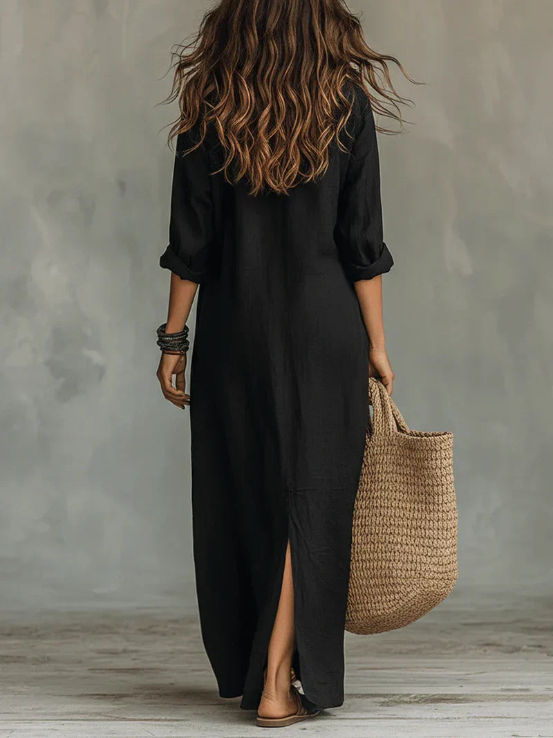 Céline™ | Vestido maxi negro amplio con botones