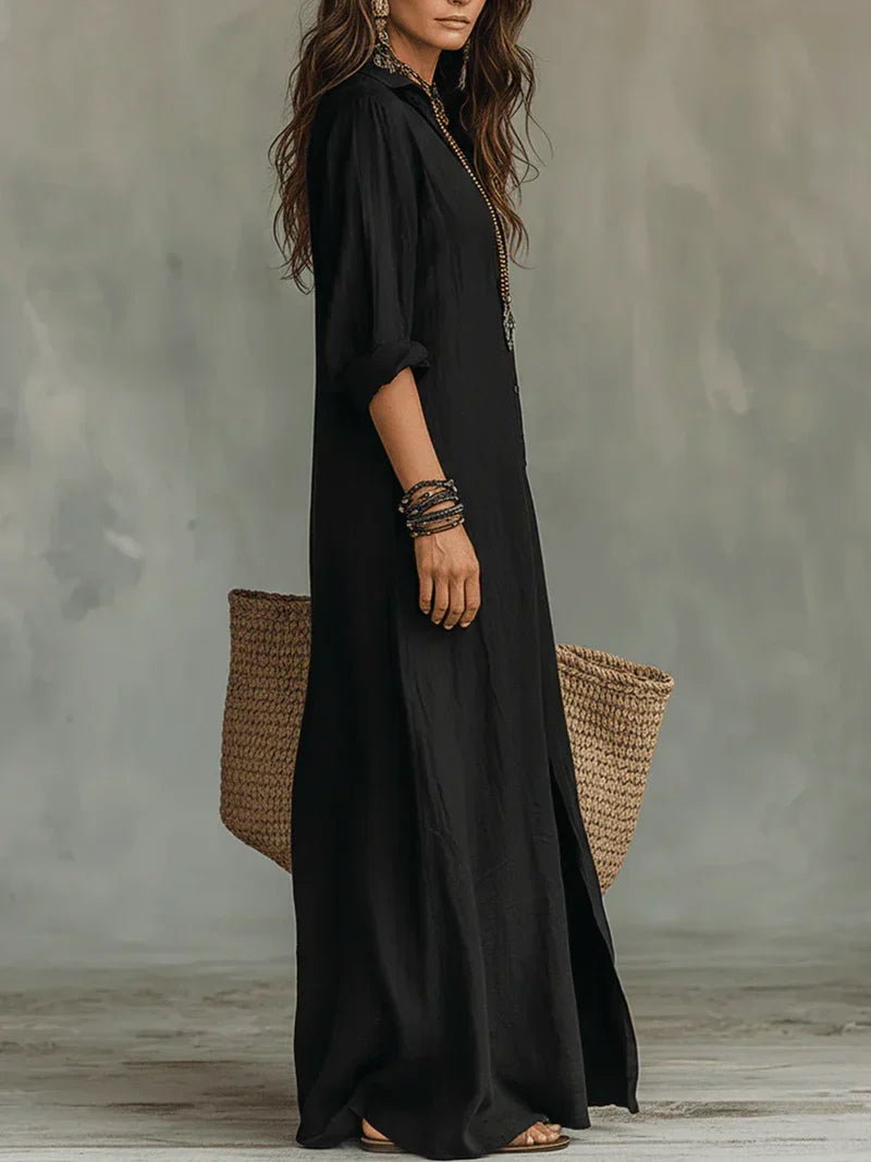 Céline™ | Vestido maxi negro amplio con botones