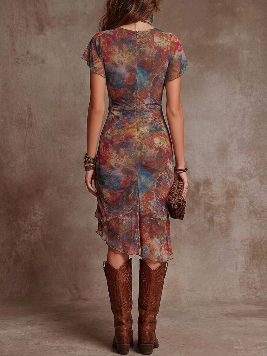 Vestido Midi Rojo Óxido Plisado con Escote en V y Estampado Abstracto