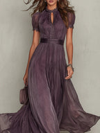 Vestido Maxi Morado en Chiffon con Cuello con Abertura