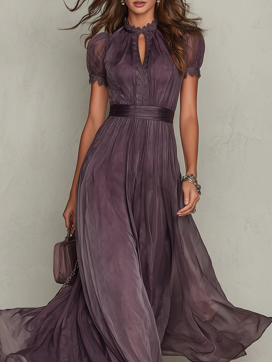 Vestido Maxi Morado en Chiffon con Cuello con Abertura