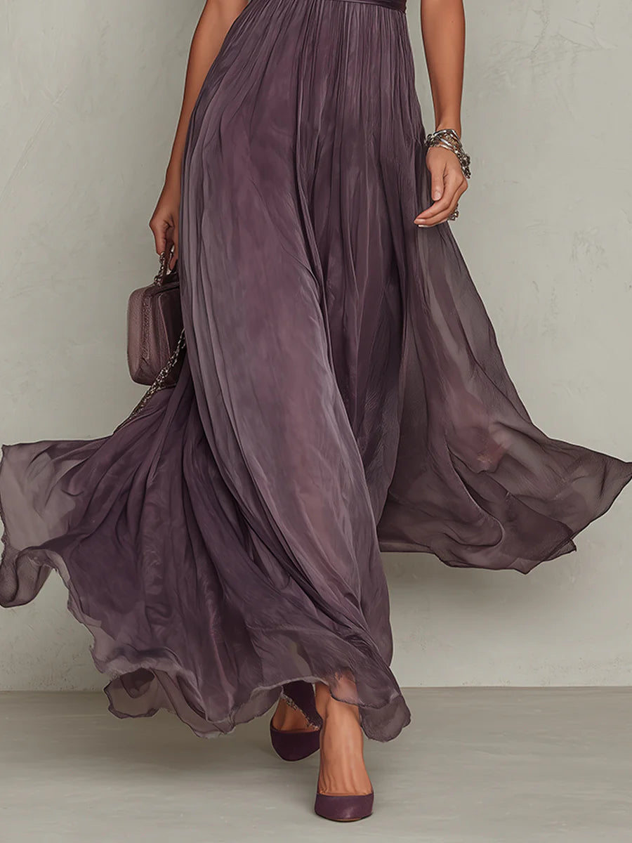 Vestido Maxi Morado en Chiffon con Cuello con Abertura