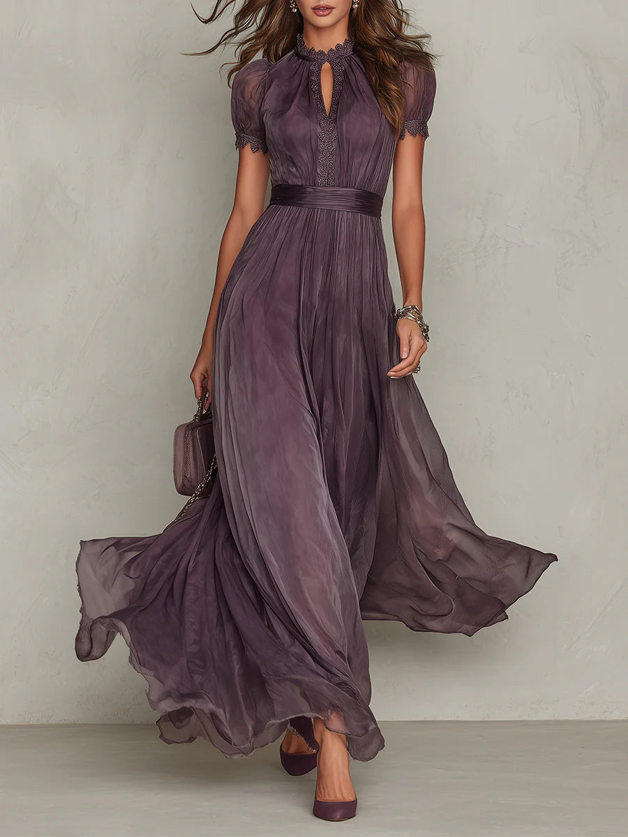 Vestido Maxi Morado en Chiffon con Cuello con Abertura