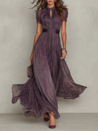 Vestido Maxi Morado en Chiffon con Cuello con Abertura