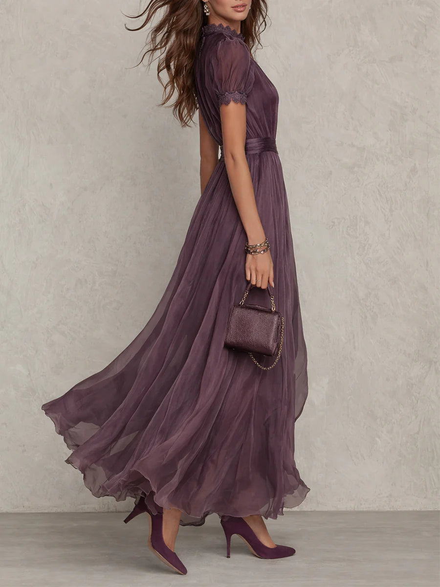 Vestido Maxi Morado en Chiffon con Cuello con Abertura