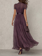 Vestido Maxi Morado en Chiffon con Cuello con Abertura