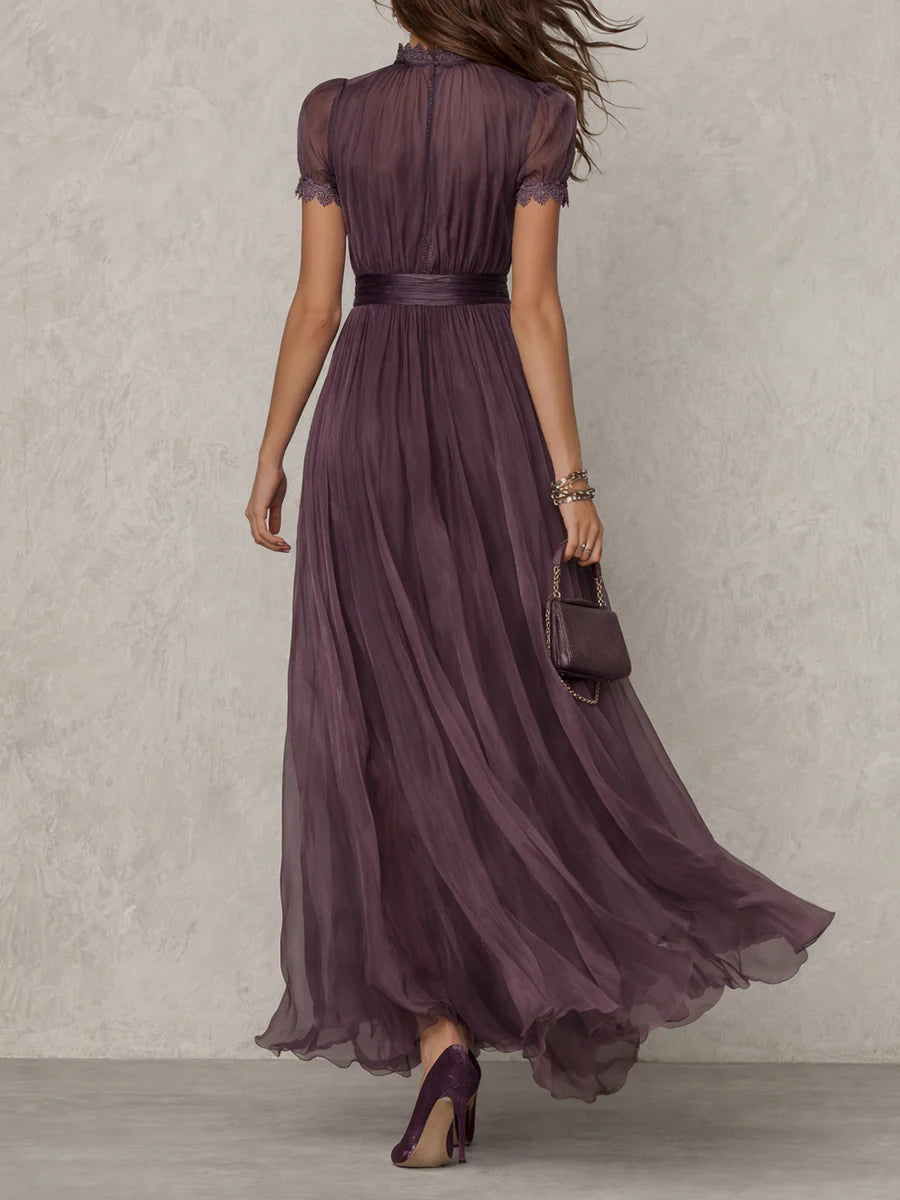 Vestido Maxi Morado en Chiffon con Cuello con Abertura