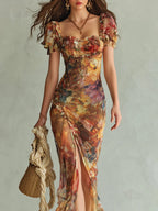 Stampa di Olio su Tela Bohemien Arancione Abito Maxi in Chiffon