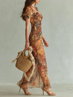 Stampa di Olio su Tela Bohemien Arancione Abito Maxi in Chiffon