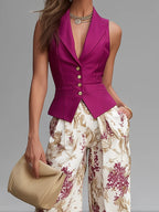 Conjunto Rosa de Chaleco sin Mangas y Pantalón Ancho Floral