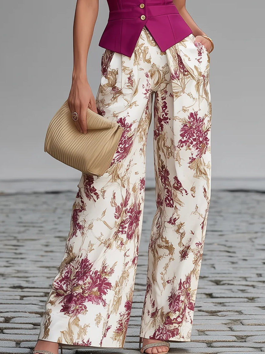 Conjunto Rosa de Chaleco sin Mangas y Pantalón Ancho Floral