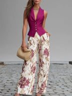 Conjunto Rosa de Chaleco sin Mangas y Pantalón Ancho Floral