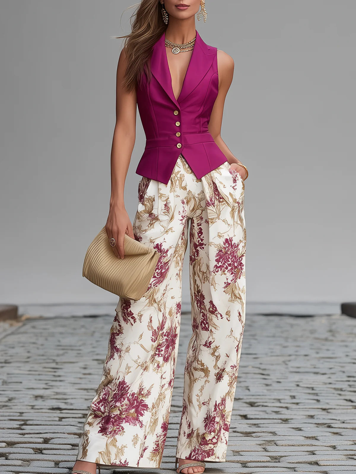 Conjunto Rosa de Chaleco sin Mangas y Pantalón Ancho Floral