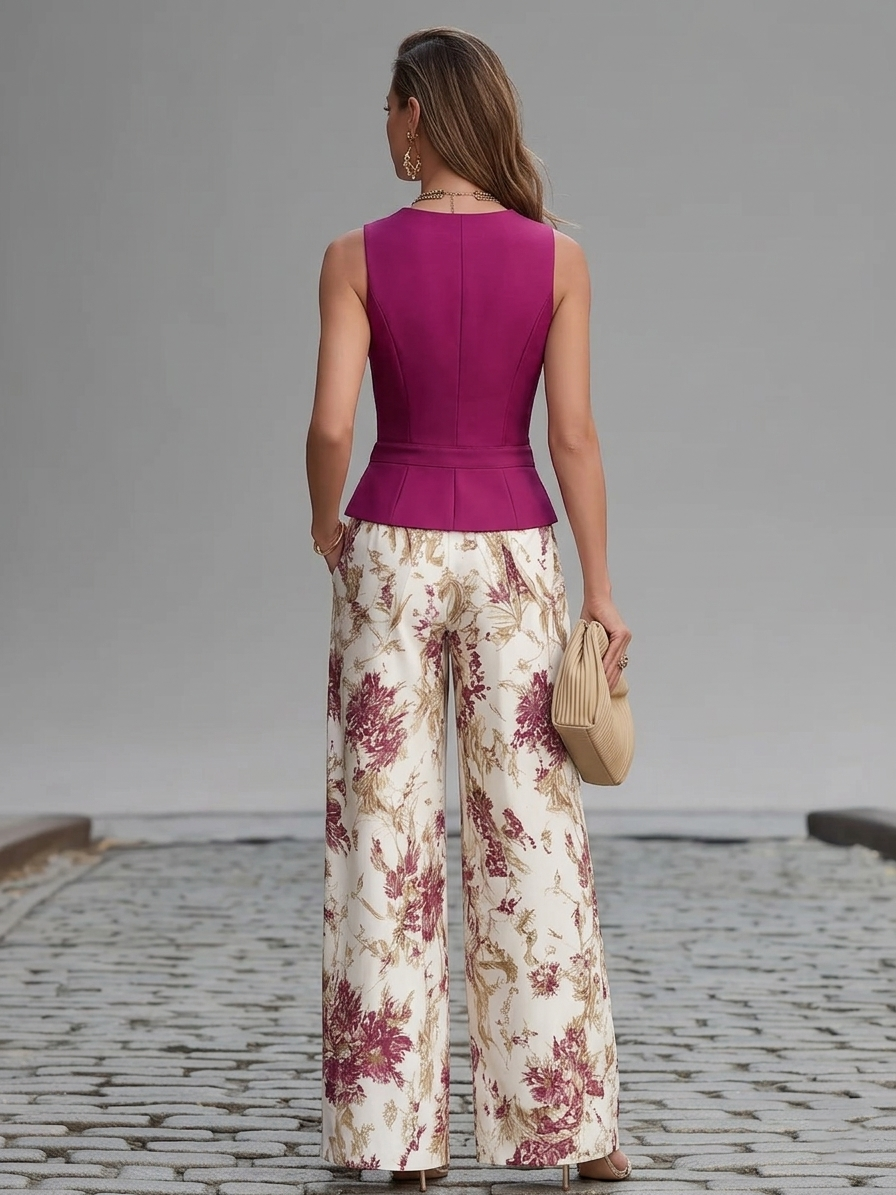 Conjunto Rosa de Chaleco sin Mangas y Pantalón Ancho Floral