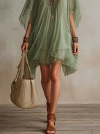 Vestido Mini Verde Fluido en Chiffon con Escote en V