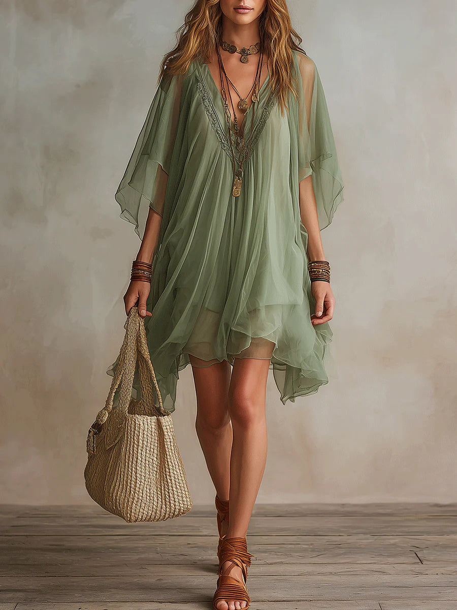 Vestido Mini Verde Fluido en Chiffon con Escote en V