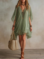 Vestido Mini Verde Fluido en Chiffon con Escote en V