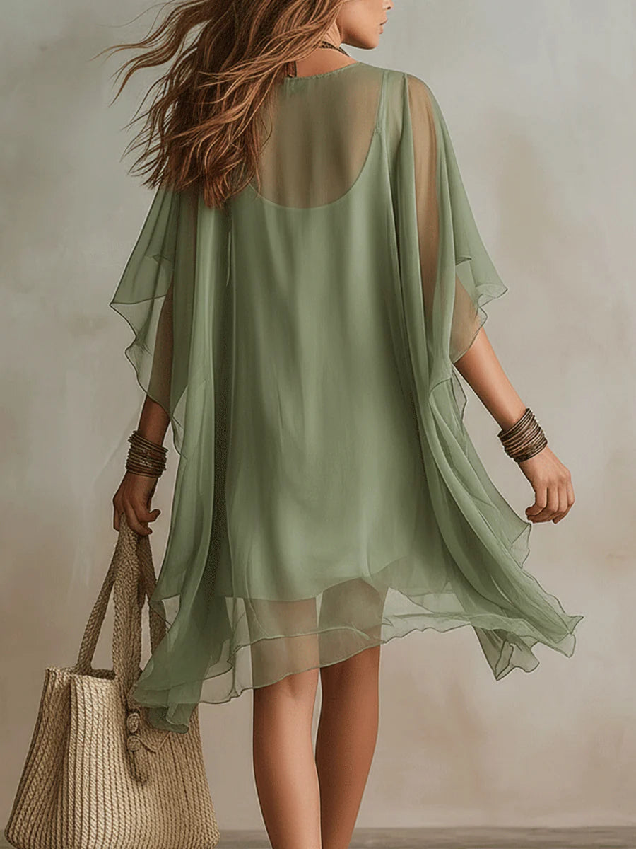 Vestido Mini Verde Fluido en Chiffon con Escote en V