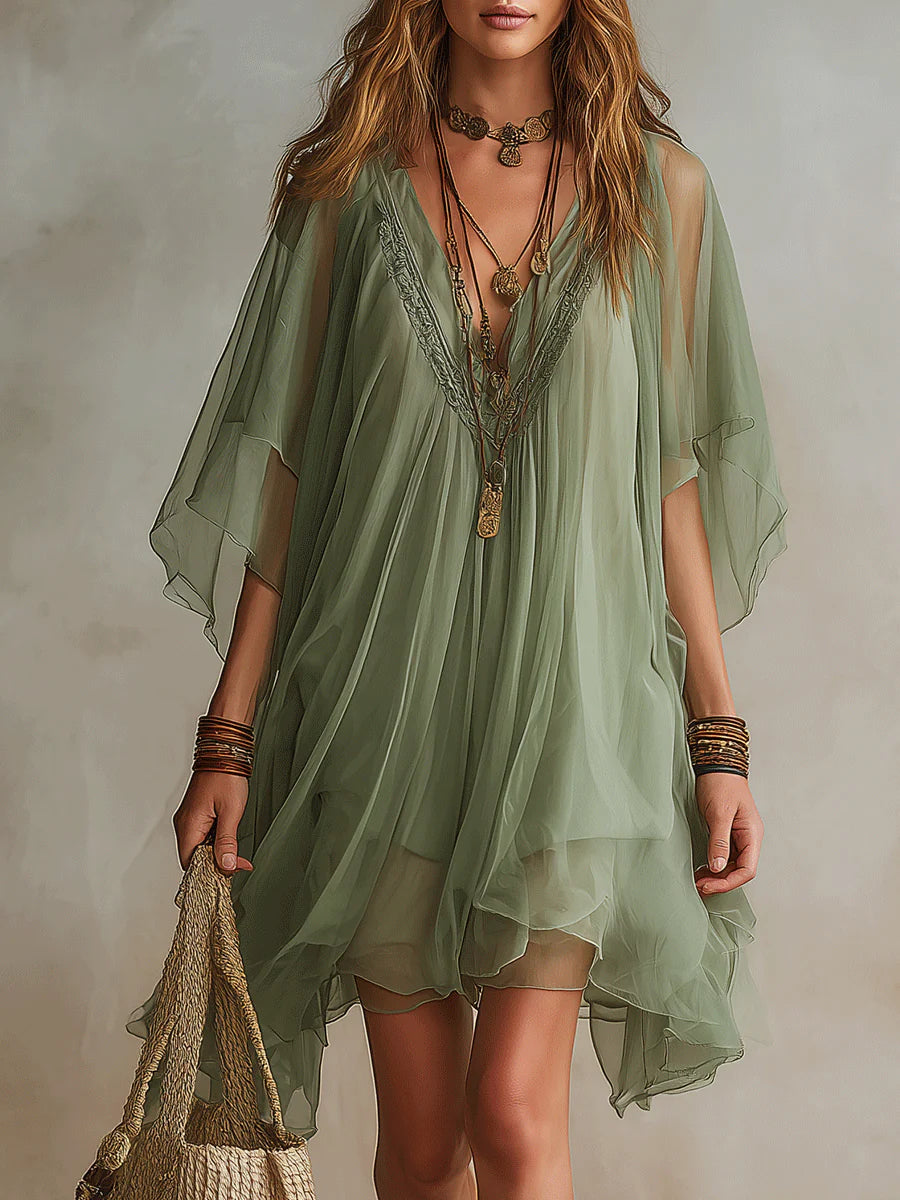 Vestido Mini Verde Fluido en Chiffon con Escote en V