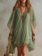 Vestido Mini Verde Fluido en Chiffon con Escote en V