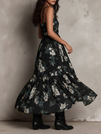 Vestido Maxi Negro Sin Tirantes con Estampado Floral Bohemio