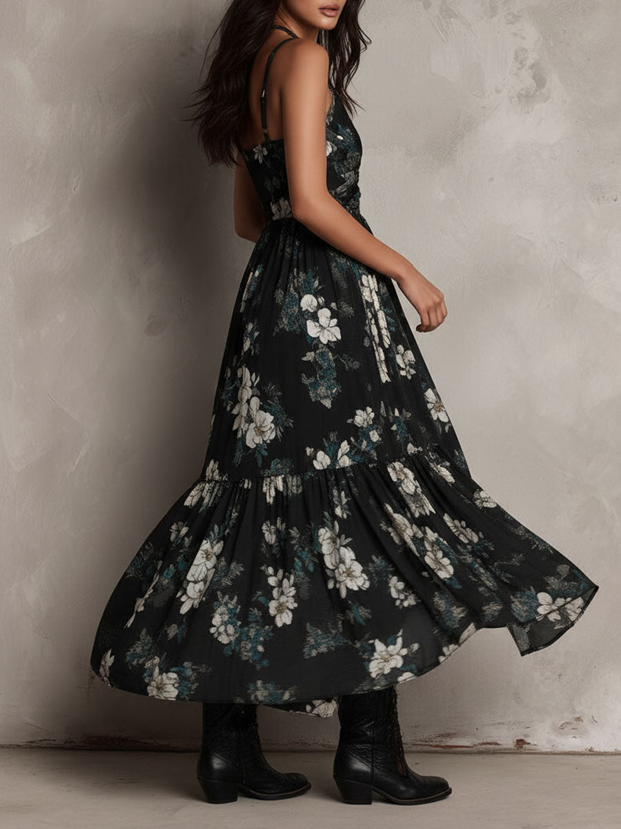 Vestido Maxi Negro Sin Tirantes con Estampado Floral Bohemio