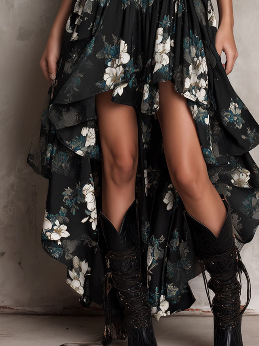 Vestido Maxi Negro Sin Tirantes con Estampado Floral Bohemio