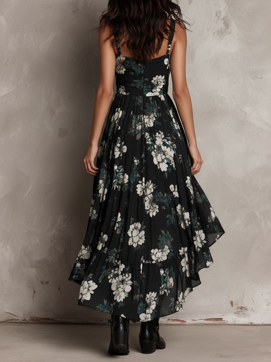Vestido Maxi Negro Sin Tirantes con Estampado Floral Bohemio