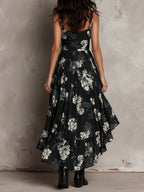 Vestido Maxi Negro Sin Tirantes con Estampado Floral Bohemio