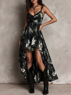 Vestido Maxi Negro Sin Tirantes con Estampado Floral Bohemio