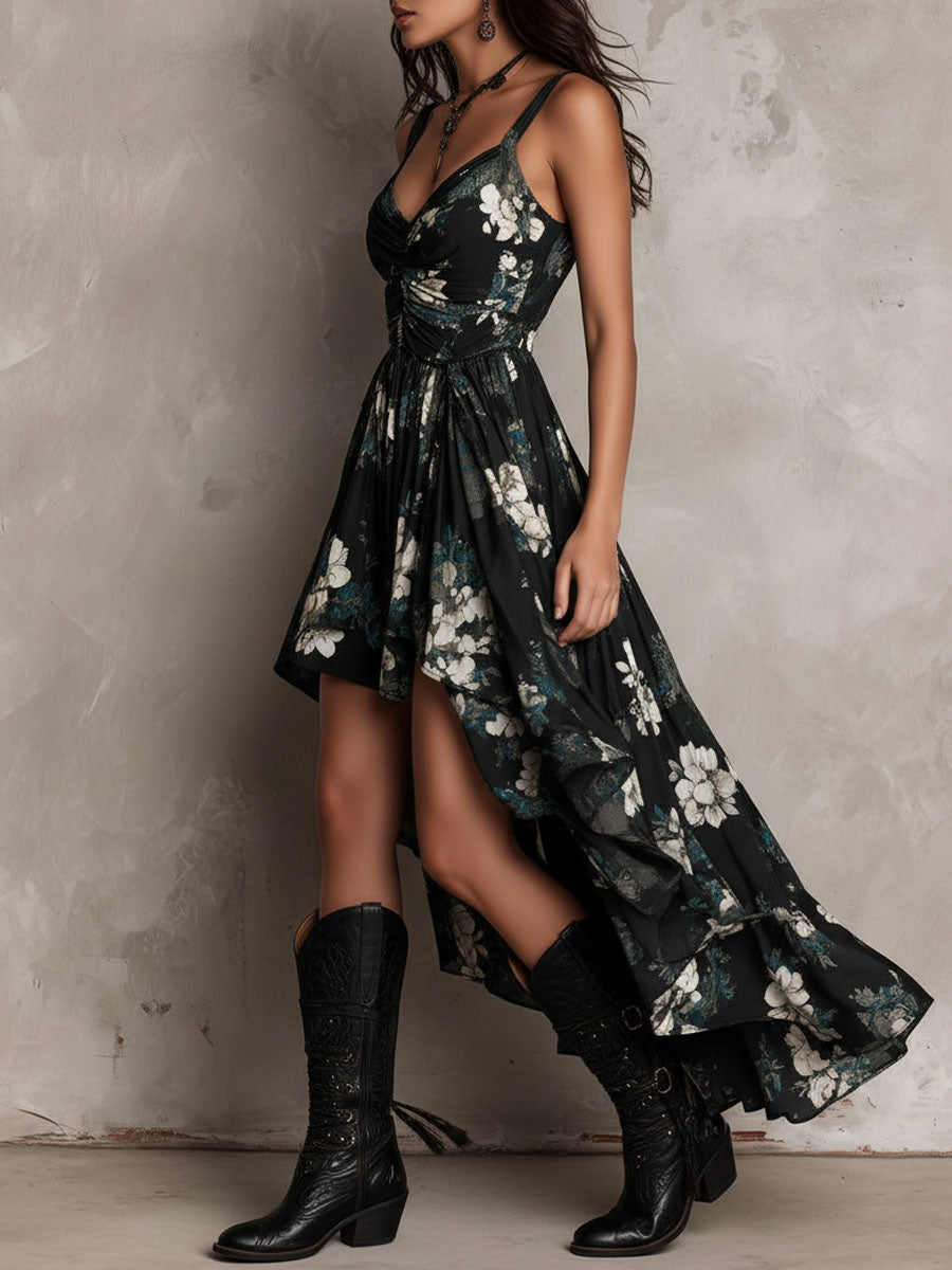 Vestido Maxi Negro Sin Tirantes con Estampado Floral Bohemio
