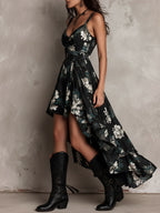 Vestido Maxi Negro Sin Tirantes con Estampado Floral Bohemio