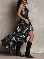 Vestido Maxi Negro Sin Tirantes con Estampado Floral Bohemio