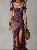 Vestido Maxi Morado Estilo Urbano con Leopardo y Flores