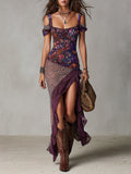 Vestido Maxi Morado Estilo Urbano con Leopardo y Flores