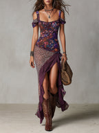 Vestido Maxi Morado Estilo Urbano con Leopardo y Flores