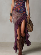 Vestido Maxi Morado Estilo Urbano con Leopardo y Flores