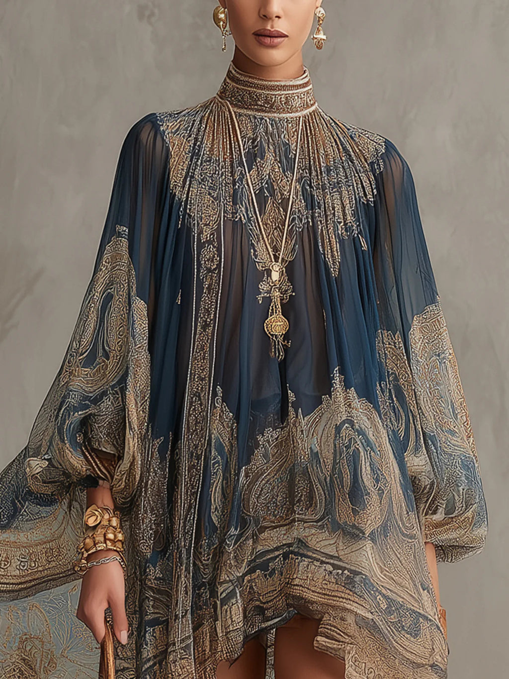 Bérénice | Vestido mini de gasa azul marino con estampado barroco dorado