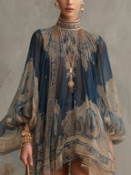 Bérénice | Vestido mini de gasa azul marino con estampado barroco dorado