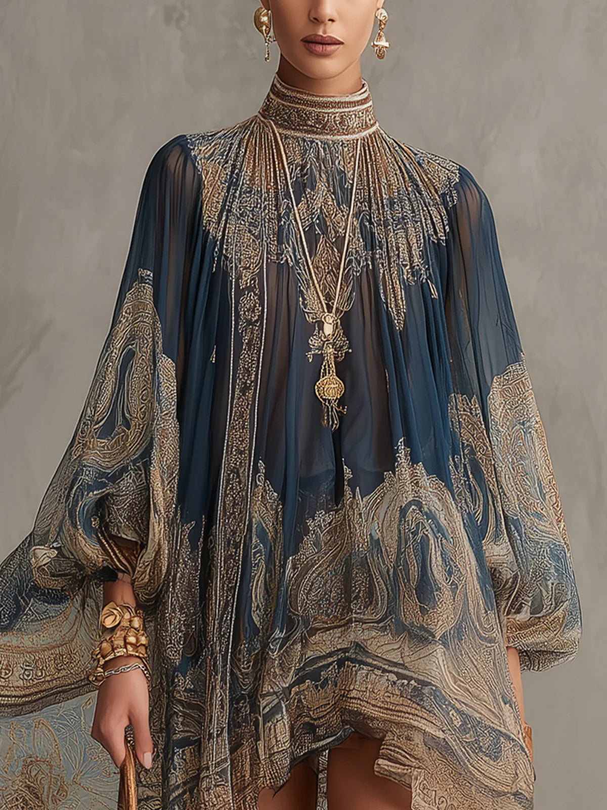 Bérénice | Vestido mini de gasa azul marino con estampado barroco dorado