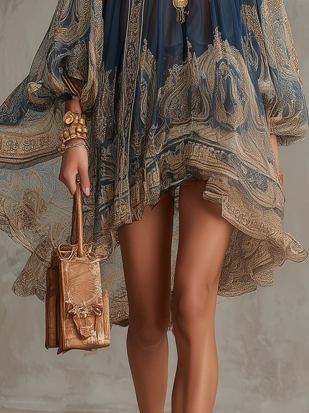 Bérénice | Vestido mini de gasa azul marino con estampado barroco dorado